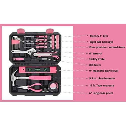 Apollo Tools 39 Piece General Household Tool Set in Toolbox Storage Case with Essential Hand Tools for Everyday Home Repairs, DIY and Crafts - Pink Ribbon - Pink - DT9711P
