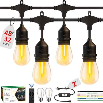 50FT Outdoor String Lights Waterproof with 30+2 Bulbs (1.5FT Bulbs Spacing), Remote & Dimmer, Commercial Grade Patio Lights with 3 Mode Light & Timing,100PC Ties for Outside