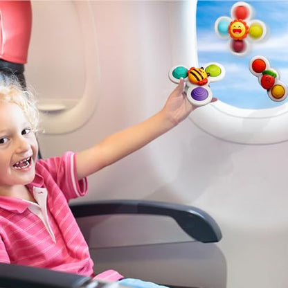 LiKee Strong Suction Cup Fidget Rotating Sensory Bath Toys for Baby 12 18 Months Airplane Car Travel Table & Window Toys for 1 2 Years Old Toddler Boys and Girls (Sun)