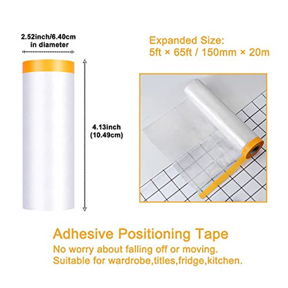 Muf 5 x 65 Feet Plastic Drop Cloth Plastic Sheeting with Masking Tape,Waterproof Protective Masking Film,Prevent Dust Paint for Car,Furniture,Carpet,Floor,1 Pack