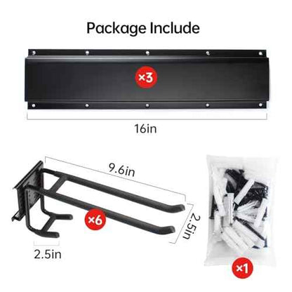 Garage Storage Rack Hooks, 48 Inch Heavy Duty Wall Mount Garage Organization with 3 Rails and 6 Adjustable Double Wall Hooks,Hanging Shelves for Garden Tool/Broom/Mop(Black)