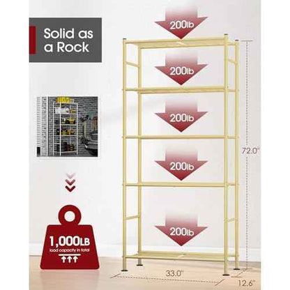 Storage Shelves - 5 Tier Shelf Organizer, Heavy Duty Garage Shelving Unit with Leveling Feet, Stable Metal Shelves Organizer for Pantry, Kitchen and Closet, 33.0" W x 12.6" D x 72.0" H, Gold