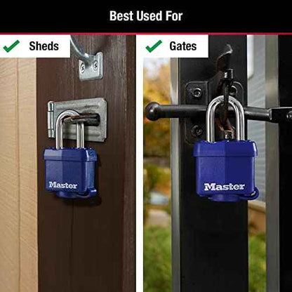 Master Lock 312TRI Laminated Padlock with Key & Thermoplastic Shell, Blue, Pack of 3 Keyed-Alike, 1-9/16-inch