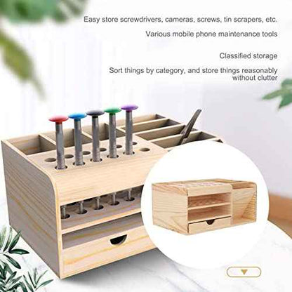 Repair Tool Organizer, Synthetic Wood Classified Storage Box with Multi Compartments, Strong and Sturdy, for Mobile Phone Maintenance Tools