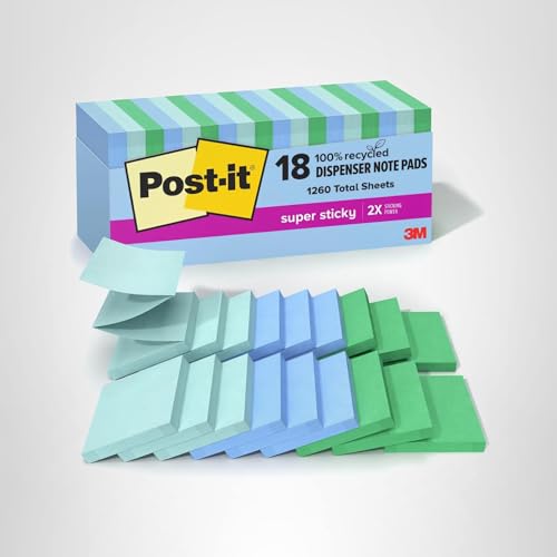 Post-it Super Sticky 100% Recycled Pop-up Notes, Oasis Collection, 3 in. x 3 in., 70 Sheets, 18 Pads, School Supplies and Office Products