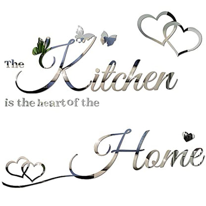 Kitchen Wall Stickers Kitchen The Heart of The Home 3D Acrylic Mirror Wall Decal Removable Quotes Sign Butterfly Heart Saying Decals DIY Art Decoration for Home Dining Room