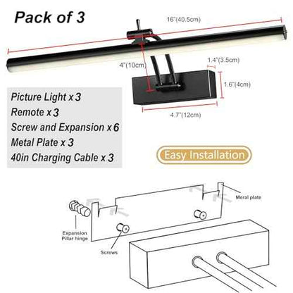 3 Pack Picture Lights for Wall Battery Operated, 16 inch Wireless Art Lighting for Painting, 6 Colors Picture Frame Lights with Remote, Dimmable 5200mAh Gallery Light, Black