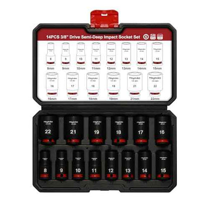 Mayouko 14PCS 3/8" Drive Semi-Deep Impact Socket Set, 8-22MM, Metric, CR-MO, Impact Grade Middle Length Socket Set, 6 Point