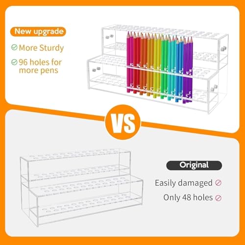 96-Slots Acrylic Pen Holder,2-Tier Pen Display Stand for Craft Shows,12mm Beadable Pens Stand Paint Brush Holder Pencil Organizer Makeup Brush Rack Art Brush Organizer for Office Desk School Supplies