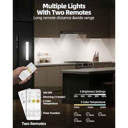 6Pack 16inch Under Cabinet Lighting, Rechargeable Motion Sensor Light Indoor, Wireless Remote Light, Dimmable 3 Color Temps Closet Lights, Under Counter LED Lights for Kitchen, Stairs