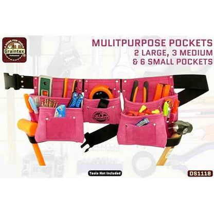 Graintex DS1118 8 Pocket Pink Tool Belt in Suede Leather with 2¡± Webbing Belt, 2 Leather Hammer Holders Loops