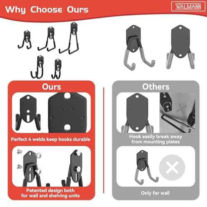 WALMANN 12 PCS Garage Storage Hooks, Wall Mount Utility Hooks for Tools, Ladders, Cords, Folding Chairs, Shovels and Rakes, Shelving Hooks for Keyhole Shelving Units(Black)
