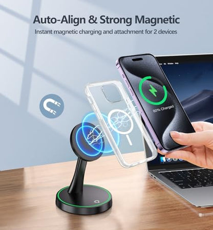 Magnetic Wireless Charger Stand 15W Fast Mag-Safe Charger for iPhone 17/17 pro/ 17 Air/ 17 pro max 16/15/14/13/12 Series Magnet Wireless Charging Station/Pad with Sleep-Friendly Light for AirPods