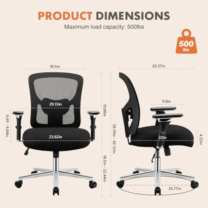 Sweetcrispy Ergonomic 500lbs Wide Heavy Duty Big and Tall Home Office Chair with Adjustable Lumbar Support and Wheels, 3D Armrest, for Adults