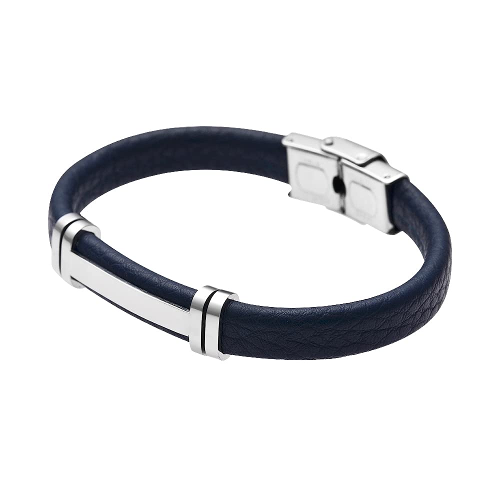 Geoffrey Beene Men's Genuine Leather Bracelet with Stainless Steel Cut-Out ID, Blue