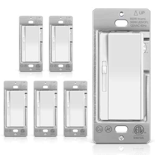 BESTTEN 6 Pack Super Slim Slide Dimmer Light Switch, Single Pole or 3 Way Dimmer Switches, Compatible with LED Dimmable Lamp, CFL, Incandescent, Halogen Bulb, ETL Listed, White