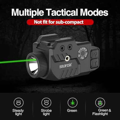 Solofish 800lm Pistol Light Laser Combo with Adjustable Rail, Shockproof Green Laser Sight and Gun Light with Strobe Function, Rechargeable
