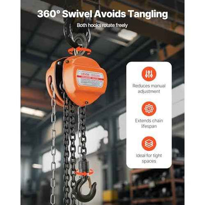 VEVOR Hand Chain Hoist, 1 Ton 2200 lbs Capacity, Manual Chain Block with Upgrade G80 Galvanized Chain, 10 ft Lifting Height, Heavy Duty Pulley Hoist for Garage Warehouse Automotive Machinery, Orange