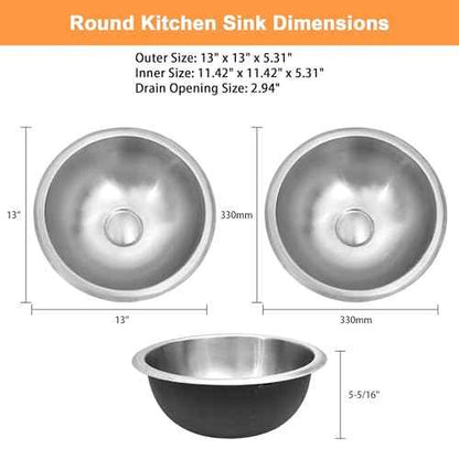 LQS Stainless Steel Round RV Sink, 13" x 13" Small RV Kitchen Sink, 5.31" Depth, RV Bathroom Sink with Sink Drain Assembly