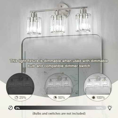 Crystal Bathroom Light Fixtures,Bathroom Lighting Fixtures Over Mirror, Modern 3-Light Brushed Nickel Vanity Lights for Mirror, Restroom,Kitchen(Ceramic E26 Socket,Bulbs Not Include)