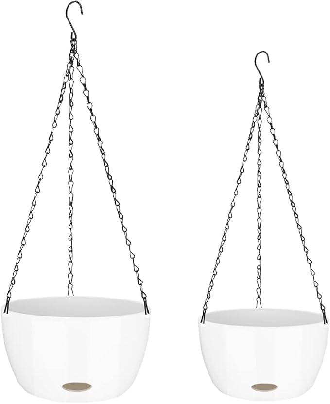 Sungmor Self Watering Hanging Planter for Indoor Plants, 9.4" & 11.2" 2-PACK Large White Plastic Hanging Basket, Garden Flower Pots with Hanging & Standing Design, Thickened Sturdy Drainage Plant Pots