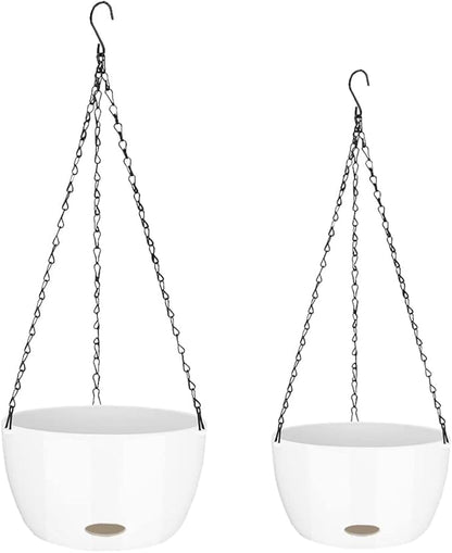 Sungmor Self Watering Hanging Planter for Indoor Plants, 9.4" & 11.2" 2-PACK Large White Plastic Hanging Basket, Garden Flower Pots with Hanging & Standing Design, Thickened Sturdy Drainage Plant Pots