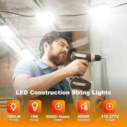 50FT LED Construction String Lights, 75W Super Bright 7500LM Plug in Linkable String Work Lights, 5000K Waterproof IP67 Temporary Lighting for Construction Sites, Jobsites, Indoor & Outdoo