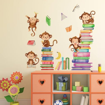 Monkey Wall Decals Animals Monkey Reading Books Wall Stickers for Baby Nursery Bedroom Classroom Wall Decor
