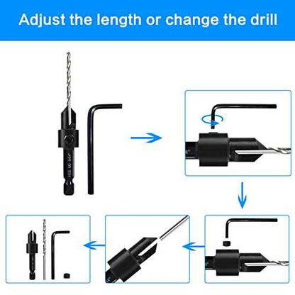 3-pc Countersink Drill Bit Set #10#12#16, 3in1 Woodworking Counterbore Hole Saw Drill Bits, Depth Adjustable M2 Pilot Drill Bits, 82-Degree Chamfer, 1/4¡± Hex Shank, with 1 Allen Wrench