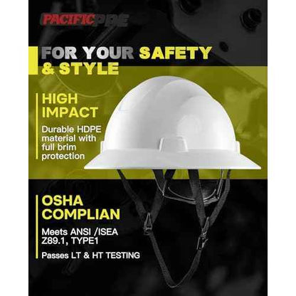PACIFIC PPE Full Brim Hard Hat, OSHA Construction Safety Helmet Certified to ANSI Z89, 4 Point Adjustable Ratchet Suspension, Class E, G & C, White