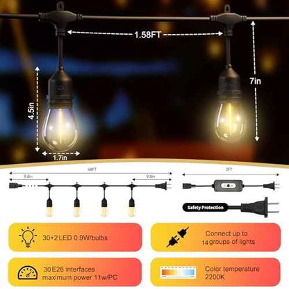 50FT Outdoor String Lights Waterproof with 30+2 Bulbs (1.5FT Bulbs Spacing), Remote & Dimmer, Commercial Grade Patio Lights with 3 Mode Light & Timing,100PC Ties for Outside