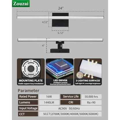zouzai Second Generation Modern LED Bathroom Vanity Light Bar Black IP44 Over Mirror Bath Wall Fixture 5CCT Adjustable, Dual-Sided, 180¡Æ Adjustable Angle (24 inch)