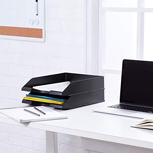 Amazon Basics Rectangular Stackable Desk Organizer Office Letter Tray, File Storage, Paper Organizer, Black, 2-Pack