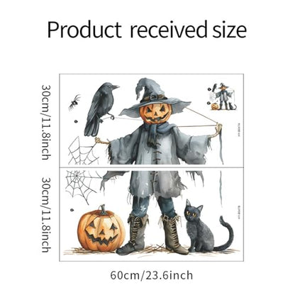 2 Sheets Halloween Wall Stickers Pumpkin Scarecrow Crow Black Cat Spider Wall Decals,Peel and Stick Vinyl Wall Decor for Halloween Party Decoration Festive Atmosphere(23.6"x11.8"Each)