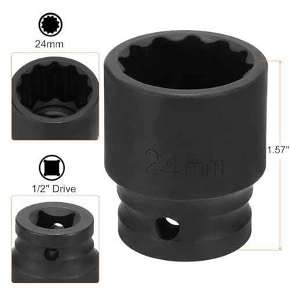 HARFINGTON 12-Point Impact Socket 1/2 Inch Drive 24mm Metric Cr-V Shallow Impact Socket Nut Driver Wrench for Auto Repair