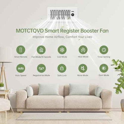 Register Booster Fan Fits 4¡± x 10¡± Register Holes, Smart Control Heating Cooling AC Vent Fan, 10-Speed Quiet Register Vent Booster Fans with Thermostat Control & Remote Control