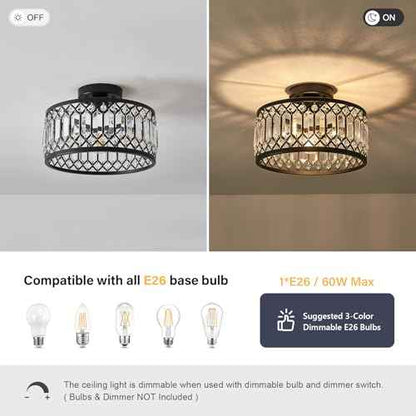 Crystal Black Ceiling Light, Modern Semi Flush Mount Ceiling Lighting Fixture, Round Hallway Lighting Fixtures for Kitchen Entryway Bedroom Laundry Room, 1-Light, 11.4 Inch