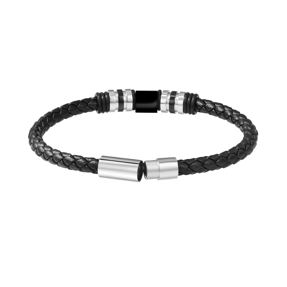 Van Heusen Men Braid Leather Bracelet with Stainless Steel Ornaments (Black, Stainless Steel)