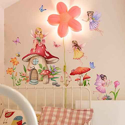 Fairy Girls Wall Decals Mushroom with Flowers Butterfly Wall Stickers for Baby Nursery Girls Bedroom Wall Decor