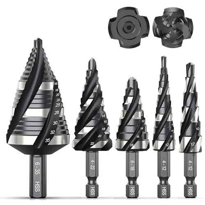 THINKWORK Four Spiral Flute Step Drill Bit Set (Metric), 5 Pcs HSS Step Drill Bits (4mm-35mm) Unibit Step Drill Bit, 6mm and 10mm Shank Step Bits for Aluminum, Wood, Plastic, Metal
