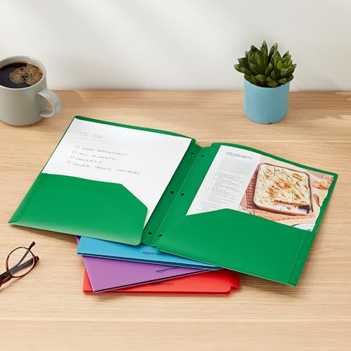 Amazon Basics Plastic 3 Hole Punch Folders with 2 Pockets, 8.5 x 11 inches, Pack of 12, Assorted Color
