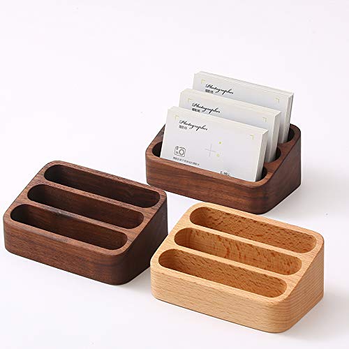 Sizikato Wooden Business Card Holder for Desk, 3 Card Slots Business Card Display Holder Stand