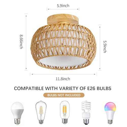 Rattan Ceiling Light Fixture£¬3 Style Options Boho Flush Mount Ceiling Lights, Hand-Woven Rattan Chandelier,Mini Bohemian Wicker Light Fixtures, Farmhouse Light Fixture for Bedroom Hallway Entryway