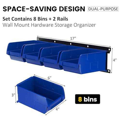 UNITEDPOWER wall mounted garage storage bin, Parts Rack, Plastic Hanging Stackable Storage Bin, Hardware Tool Organizer for workshop, Craft Room, school and Shop, 8 Bins&2 Rails (Blue), Large
