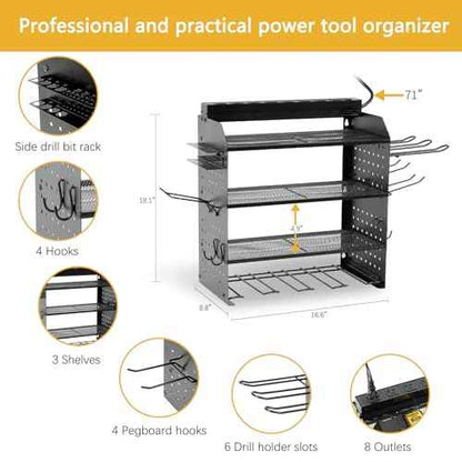 Modular Power Tool Organizer Wall Mount with Charging Station,8 Outlets,4-Layer,6 Drill Holders,4 Hooks,Metal drill holder wall mount,6.5ft Cord,Garage,Workbench,Workshop,Black