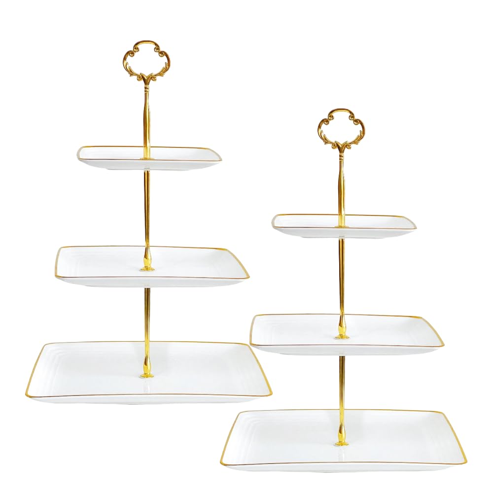2 Pack RAUVOLFIA Plastic 3 Tier Cupcake Stand with Gold Rim, Plastic Tiered Serving Stand, Dessert Tower Tray for Tea Party, Baby Shower and Wedding, Square