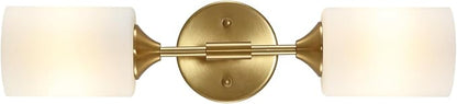 2-Lights Gold Wall Sconce with White Cylinder Glass Shades Modern Mid Century Bathroom Vanity Wall Light Fixtures Industrial Brushed Brass Wall Lamp for Bedroom Mirror Living Room Restaurant