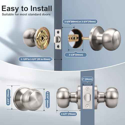 KNOBWELL 6 Pack Passage Door Knob Brushed Nickel,Round Door knob for Hall and Closet Door Knobs, Non-Locking Round Door Handle, Satin Nickel Interior Door Knob, Keyless Stainless Steel Passage Knobs