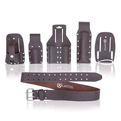 LAUTUS Scaffolding Belt | 6-Piece Leather Scaffold Belt, 2" Wide | Fits Waist Sizes from 32¡± ? 46¡± | Includes 5 Scaffold Tool Holders to Securely Hold Your Level, Tape, Spanners, Hammer