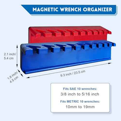 Magnetic Wrench Organizer, 2 PCS Tools Wall Mount Wrench Holder for 20 SAE and Metric Wrenches (Red & Blue(2PC), Wall Mount Wrench Organizer)